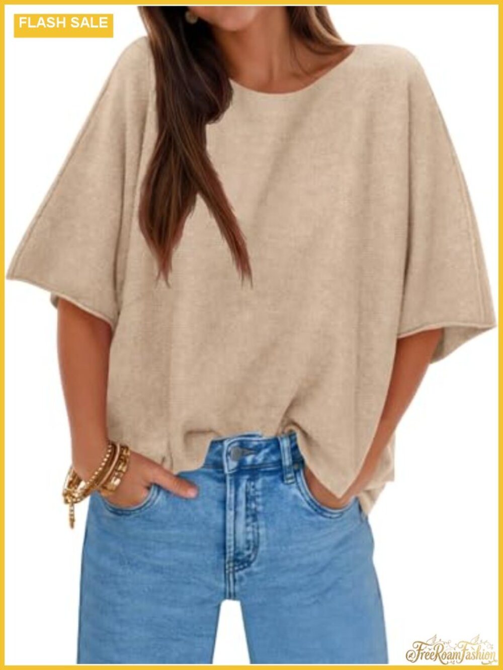 Oversized Half Sleeve Knit Pullover Sweater Boat Neck Casual